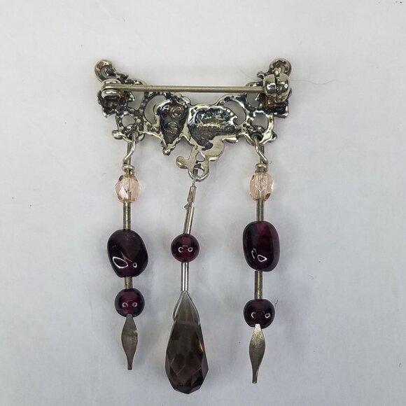 Lapel Pin Grape Leaf Red Beads 925 Sterling Silver Hanging Detail Brooch Jewelry - Picture 3 of 9